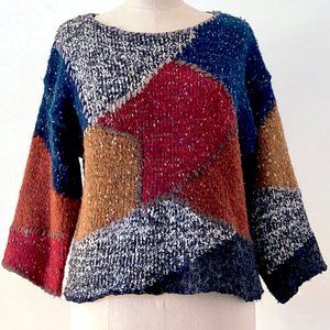 MarieaKim vintage patchwork sweater boatneck boxy teal rust red black cream Sz M